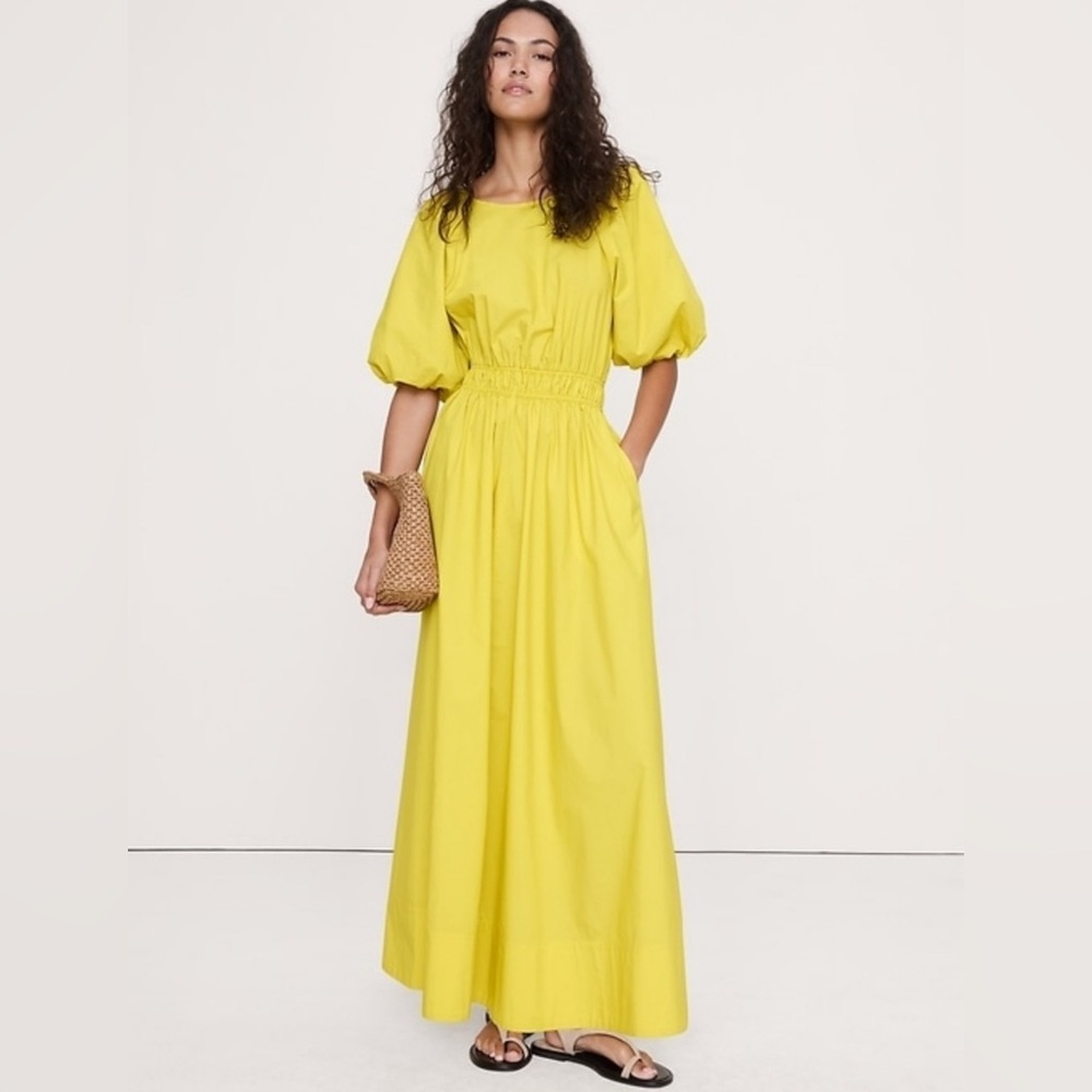 NWT! Banana Republic Snake Eye Yellow Cotton Poplin Puff-Sleeve Maxi Dress 🪈